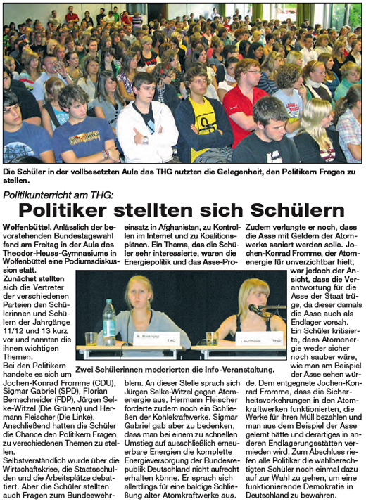 Bericht im Wolfenbütteler Schaufenster vom 19. August 2009