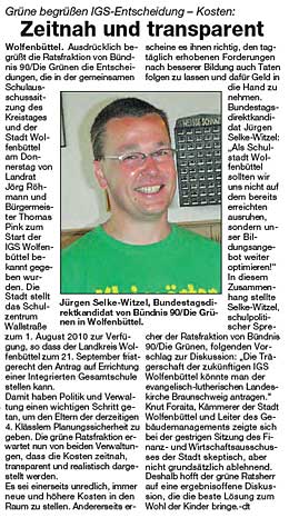 Artikel im Wolfenbütteler Schaufenster vom 30. August 2009