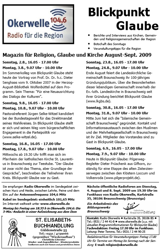 Radio Okerwelle: Programm Blickpunkt Glaube, August bis September 2009